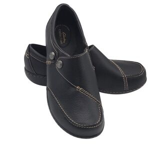 Clarks Women's Ashland Lane Q Black Leather Loafers Slip-On Casual Shoes Size 10